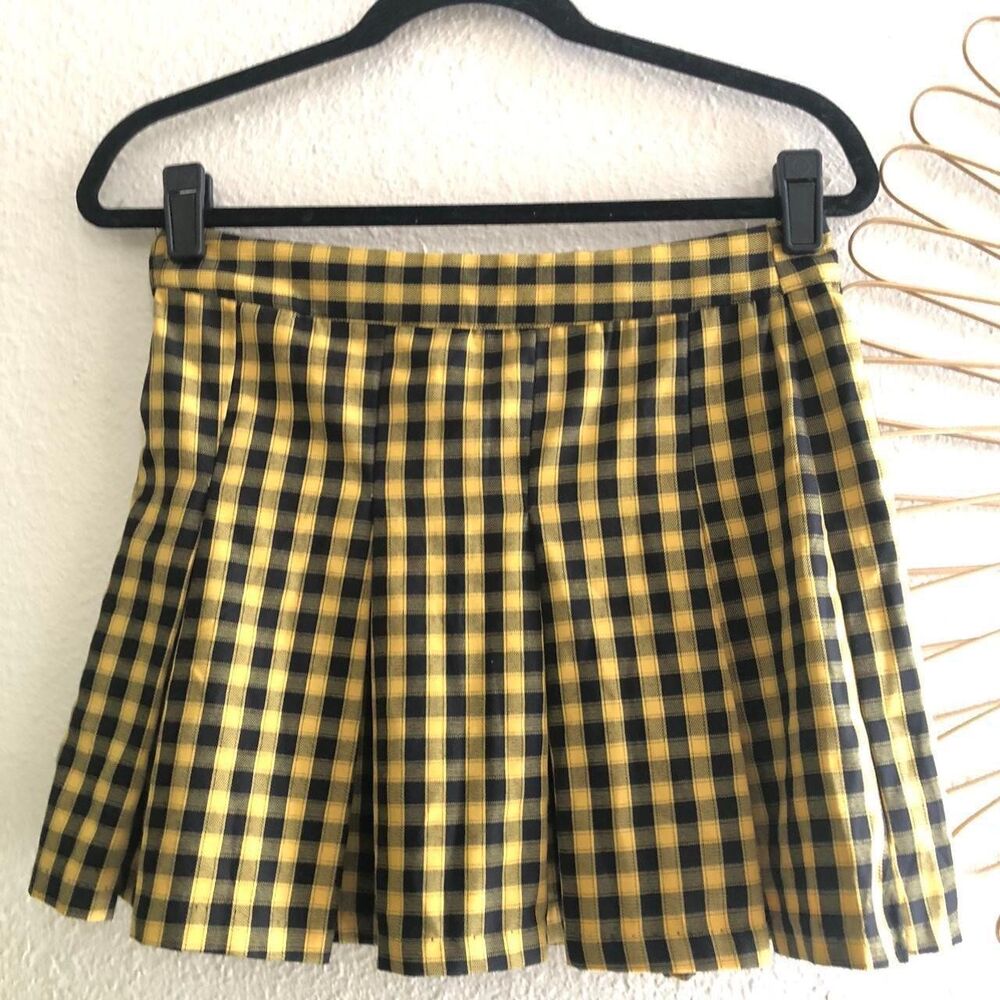 NWT H&M Yellow black gingham plaid pleated micro mini short schoolgirl skirt - Picture 2 of 4